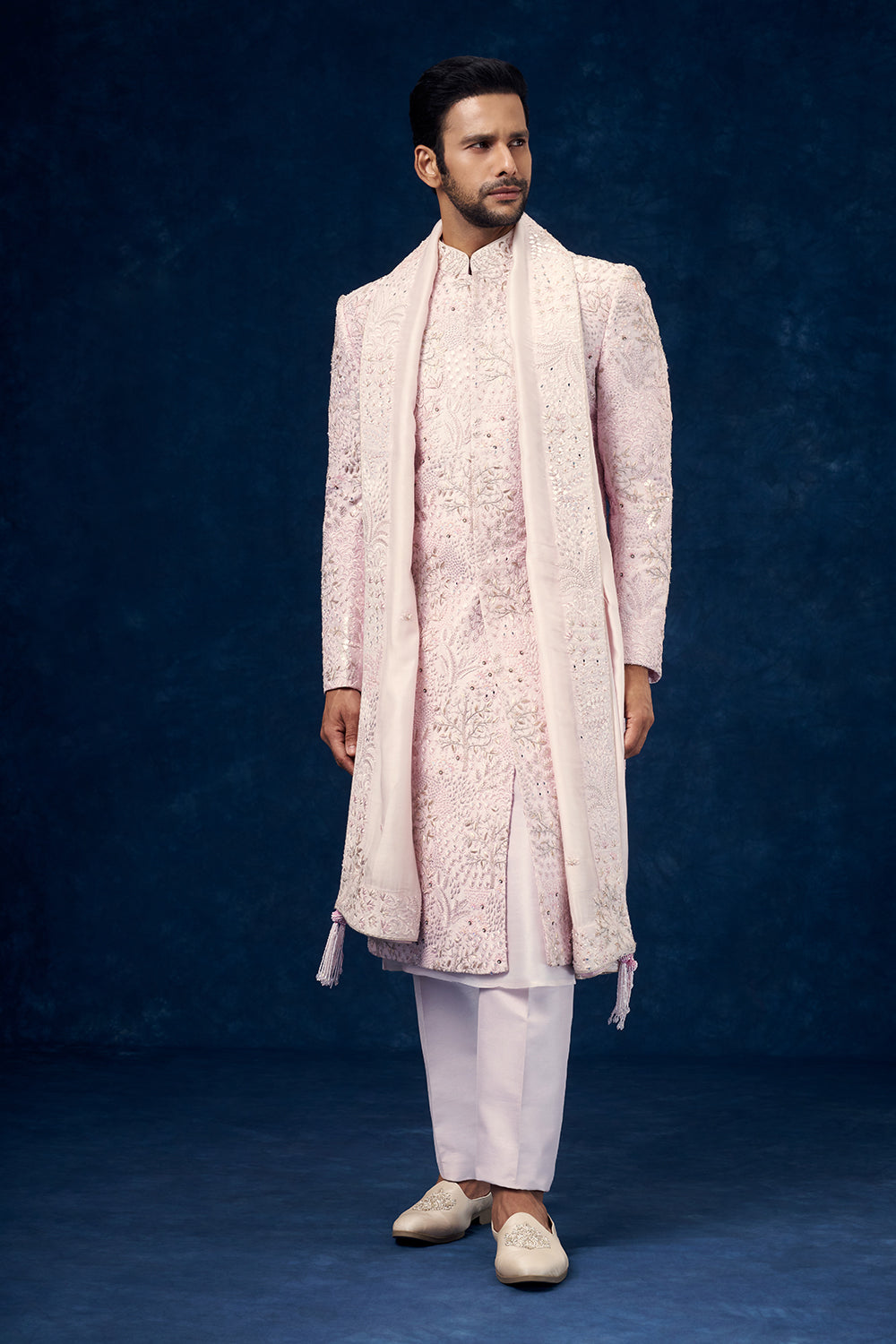 Baby Pink Raw Silk Groom Sherwani with Mirror and Resham Work