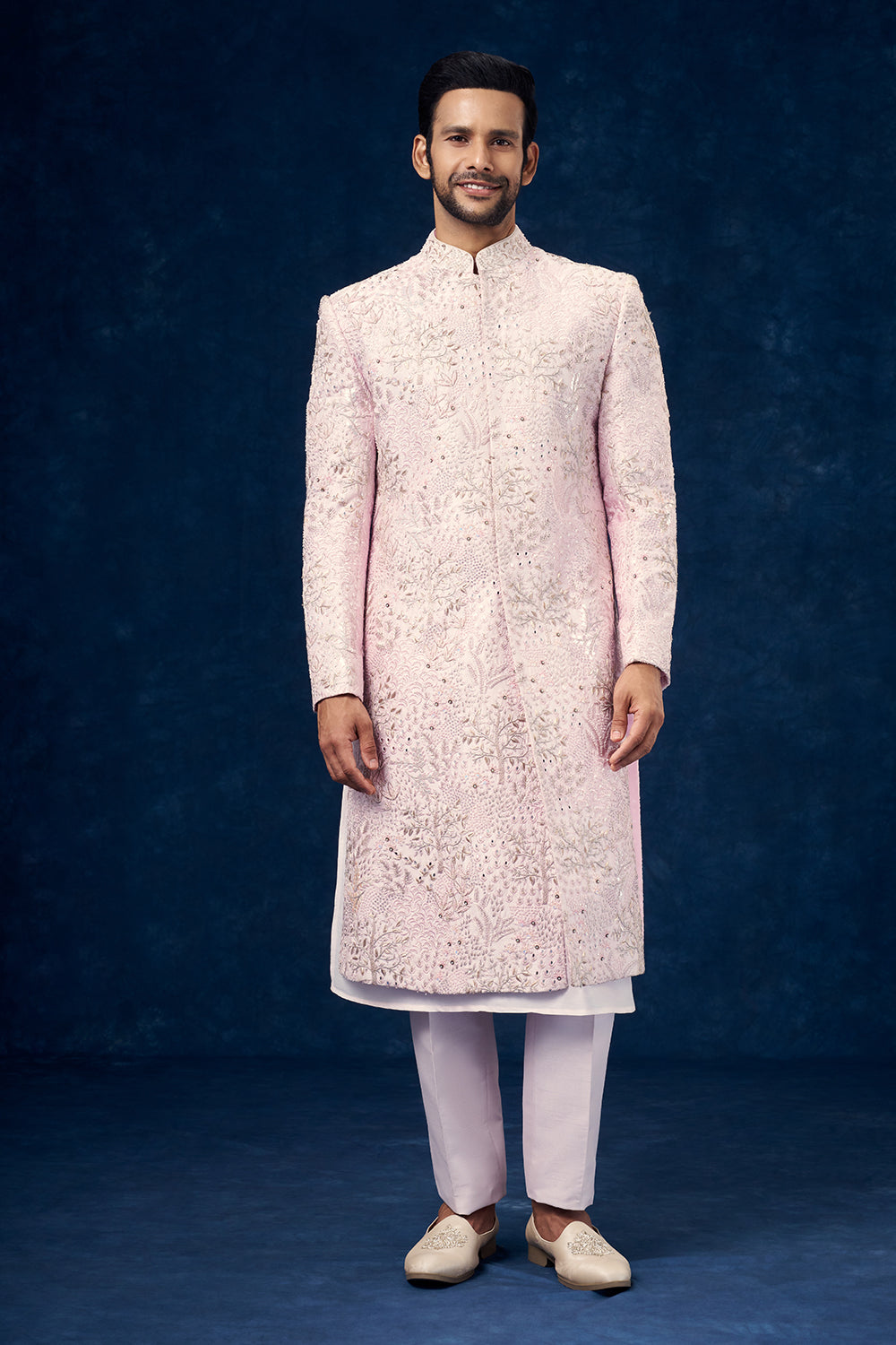 Baby Pink Raw Silk Groom Sherwani with Mirror and Resham Work