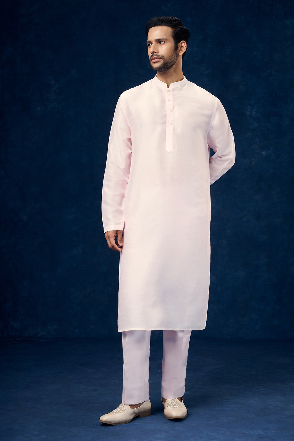 Baby Pink Raw Silk Groom Sherwani with Mirror and Resham Work
