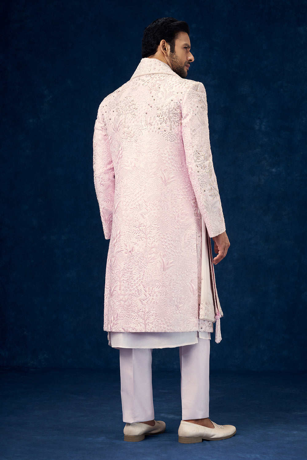 Baby Pink Raw Silk Groom Sherwani with Mirror and Resham Work