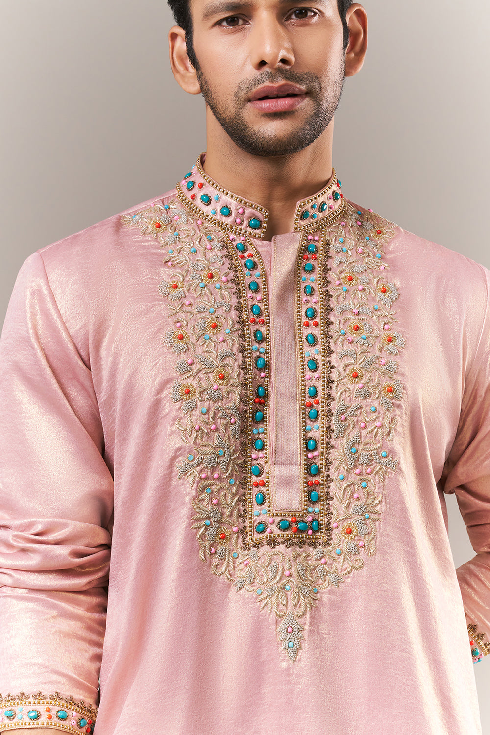 Baby Pink Shimmer Crush Mens Kurta Set with Beads and Zardosi Work