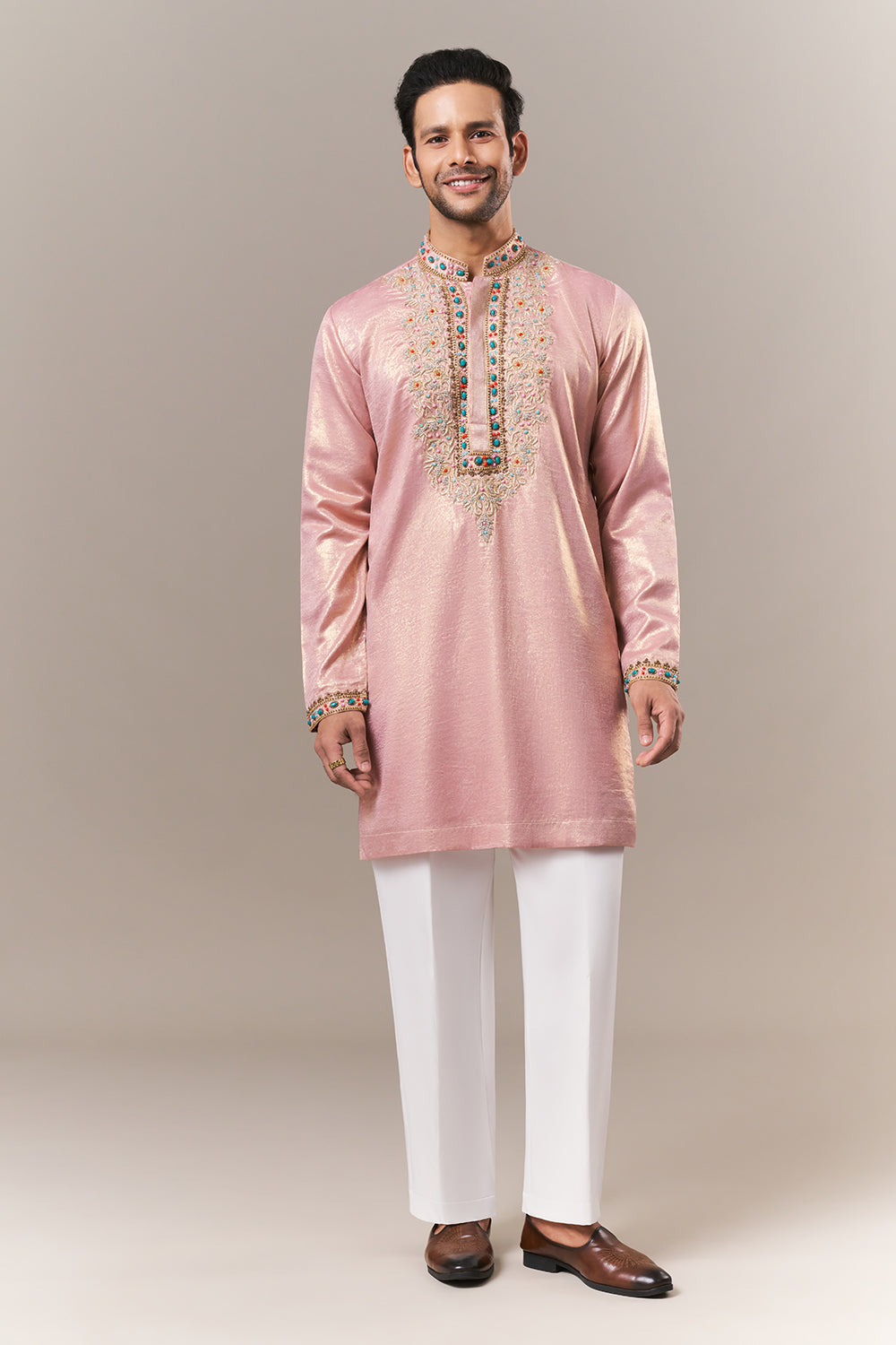 Baby Pink Shimmer Crush Mens Kurta Set with Beads and Zardosi Work