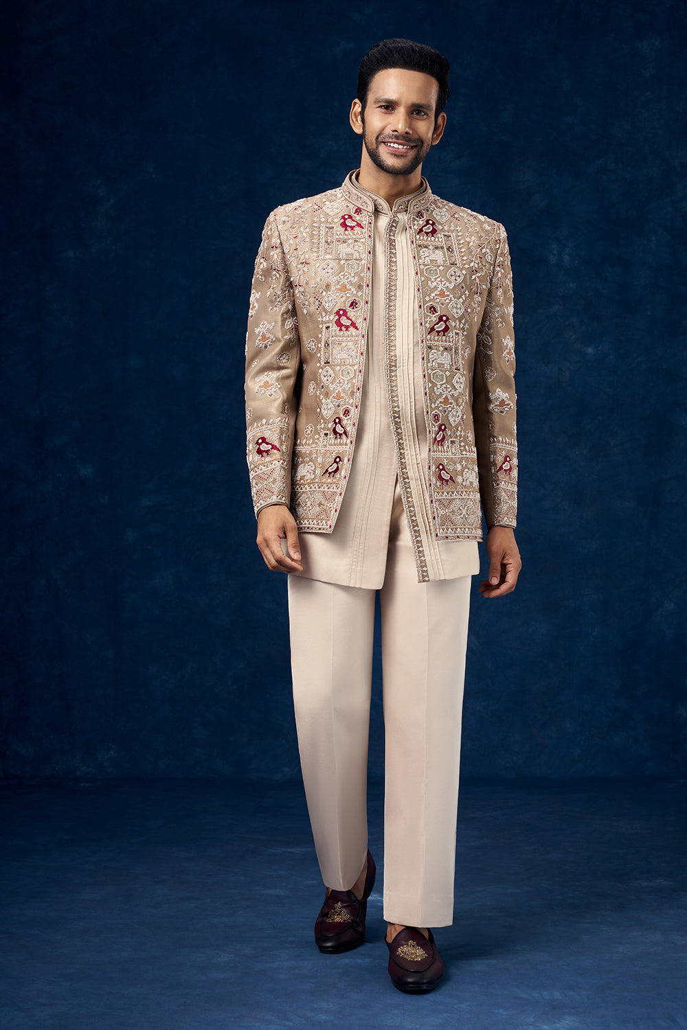 Beige and Cream Raw Silk Mens Jodhpuri Set with Moti Work
