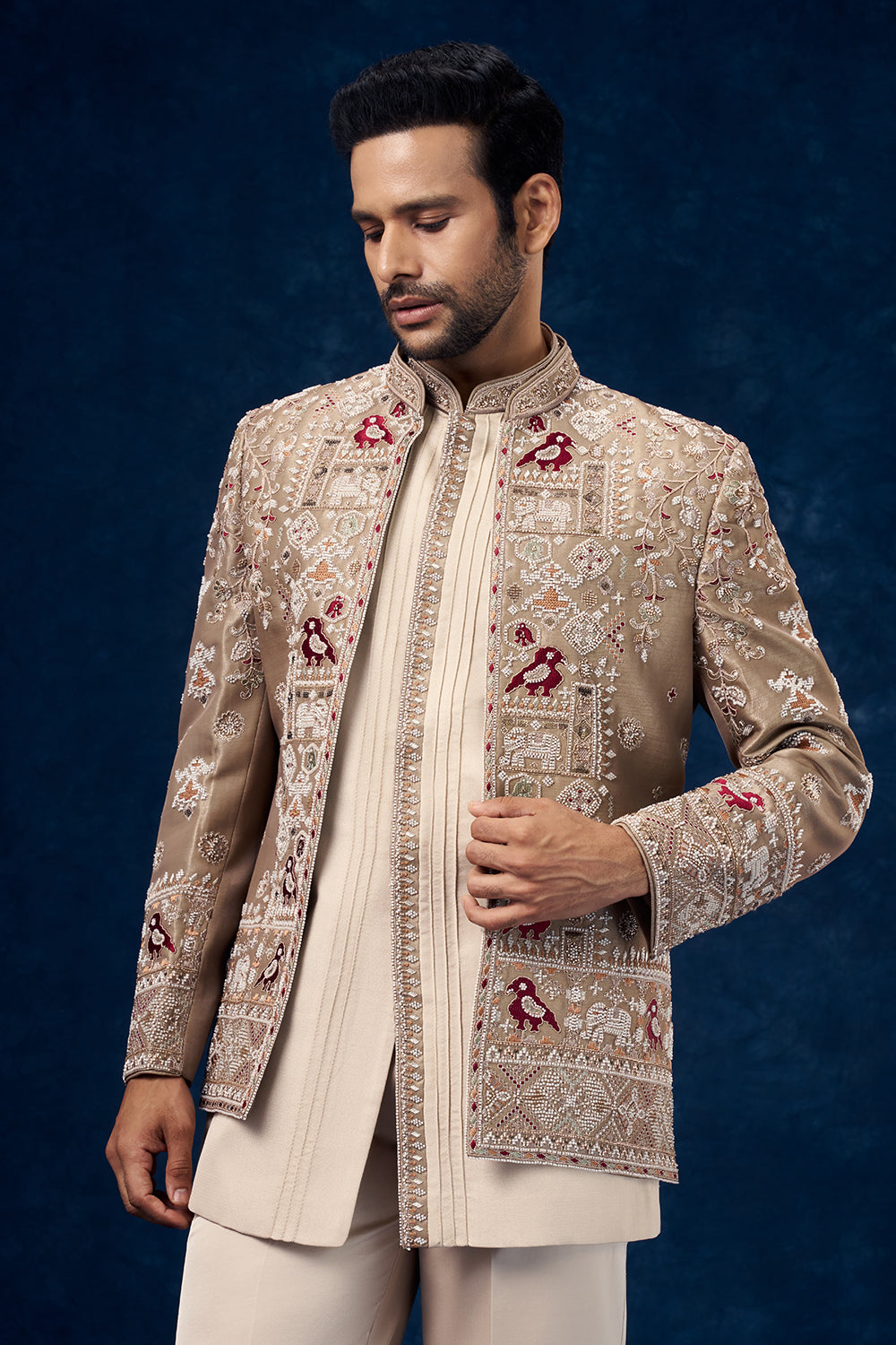 Beige and Cream Raw Silk Mens Jodhpuri Set with Moti Work