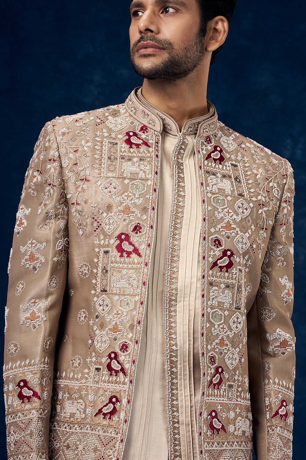 Beige and Cream Raw Silk Mens Jodhpuri Set with Moti Work