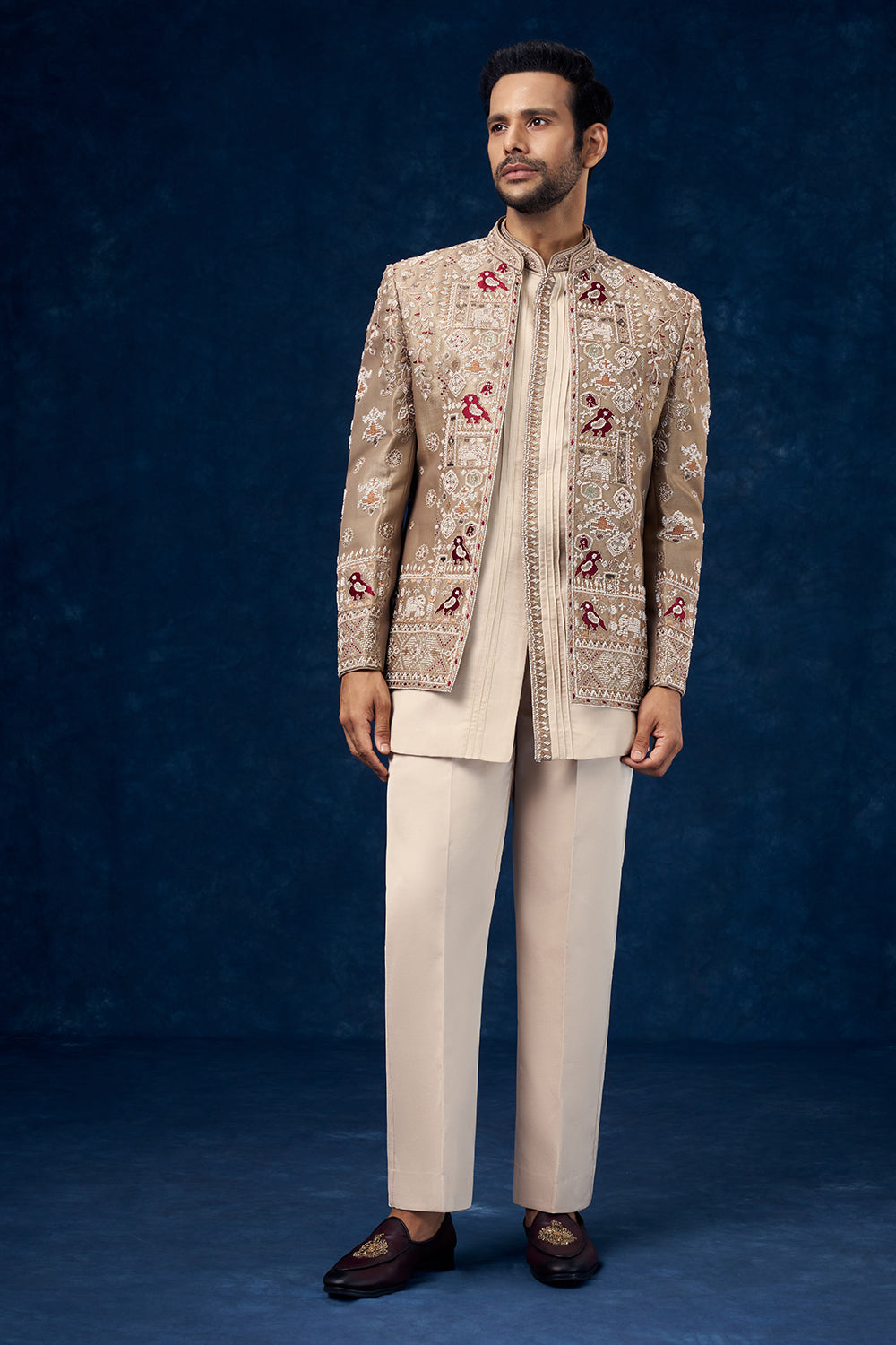 Beige and Cream Raw Silk Mens Jodhpuri Set with Moti Work