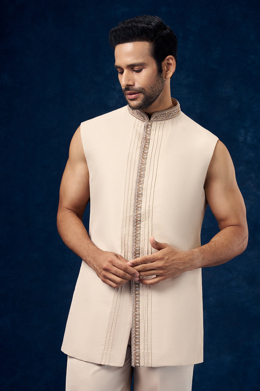 Beige and Cream Raw Silk Mens Jodhpuri Set with Moti Work