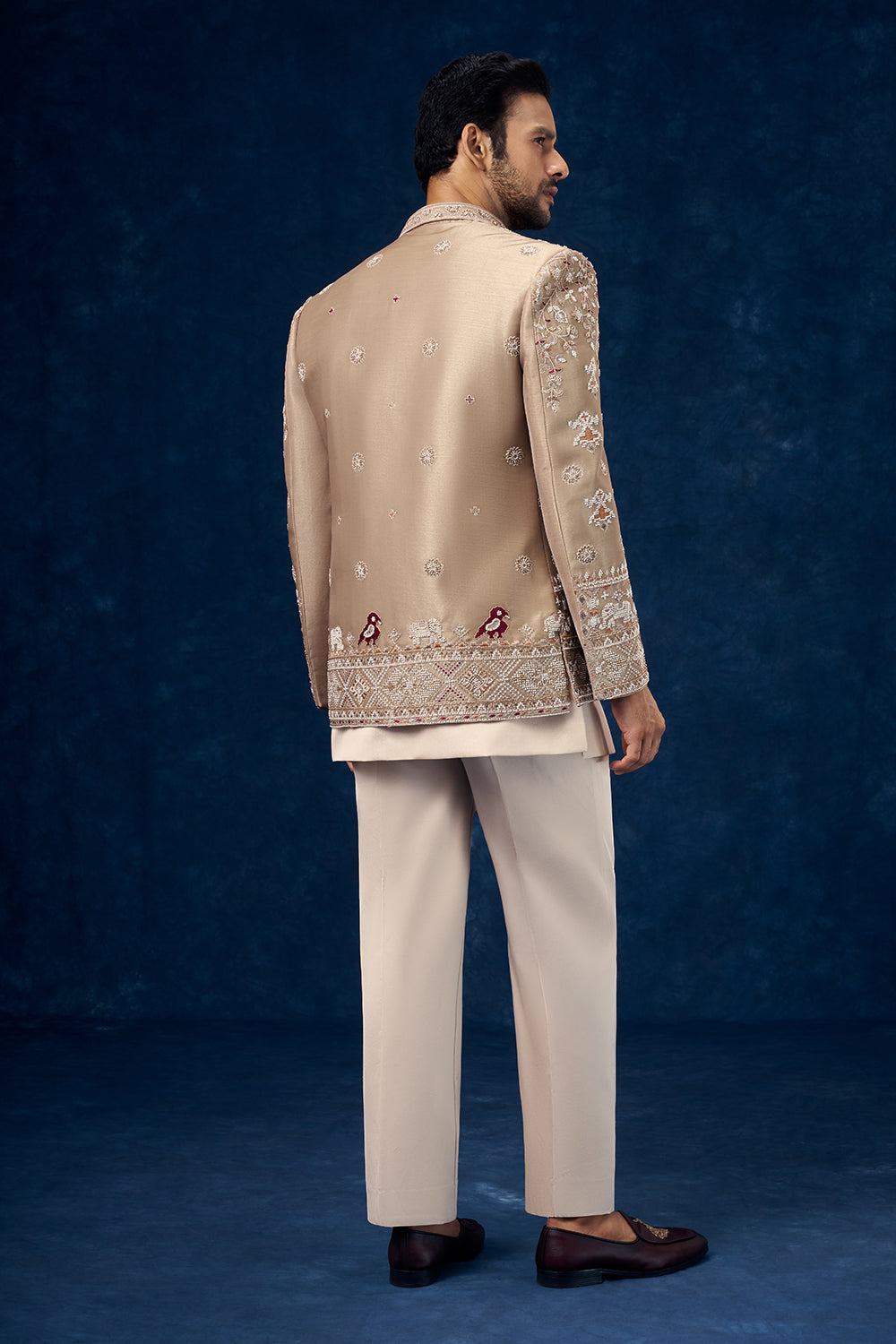 Beige and Cream Raw Silk Mens Jodhpuri Set with Moti Work