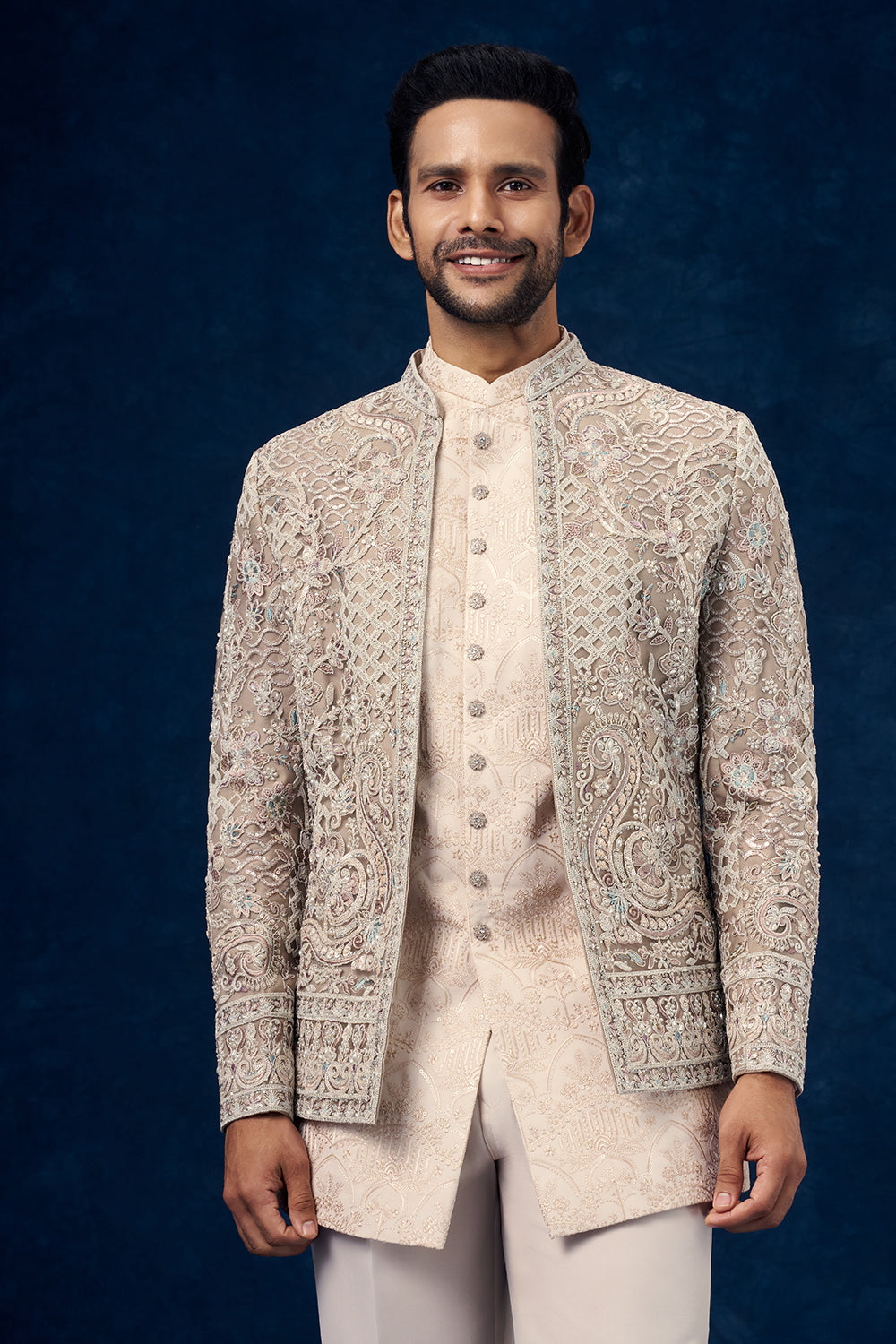 Beige Art Silk Mens Jodhpuri Set with Resham and Zari Work