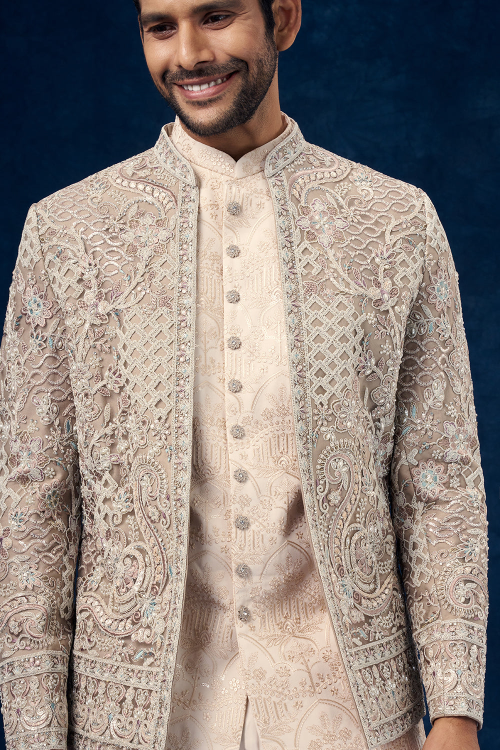 Beige Art Silk Mens Jodhpuri Set with Resham and Zari Work