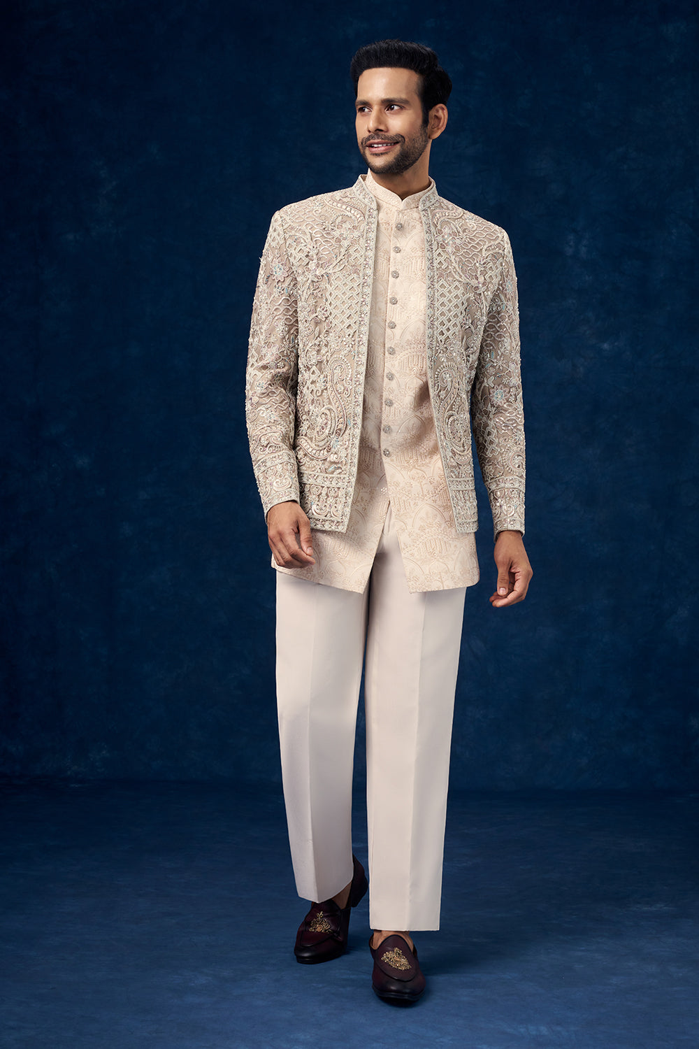 Beige Art Silk Mens Jodhpuri Set with Resham and Zari Work