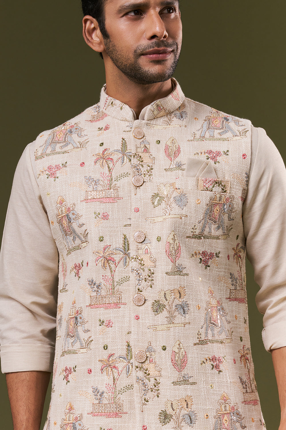 Beige Cotton Silk Mens Kurta Jacket Set with Thread and Sequins Work