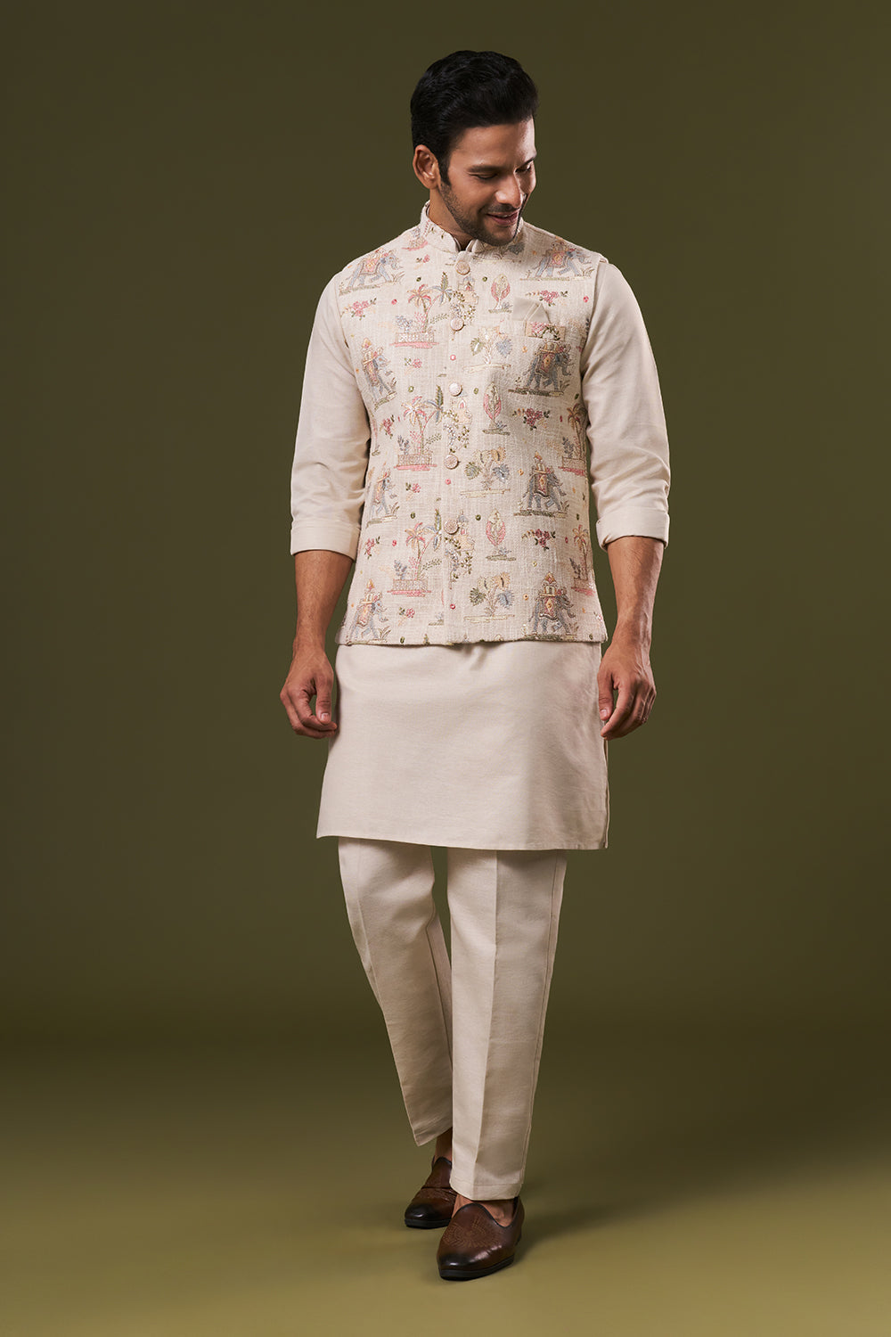 Beige Cotton Silk Mens Kurta Jacket Set with Thread and Sequins Work