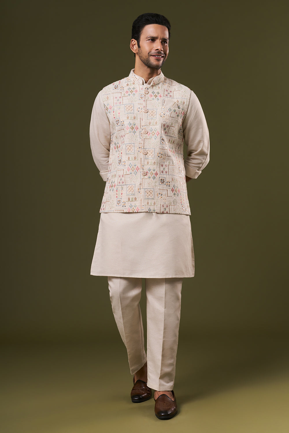 Beige Cotton Mens Kurta Jacket Set with Thread and Sequins Work