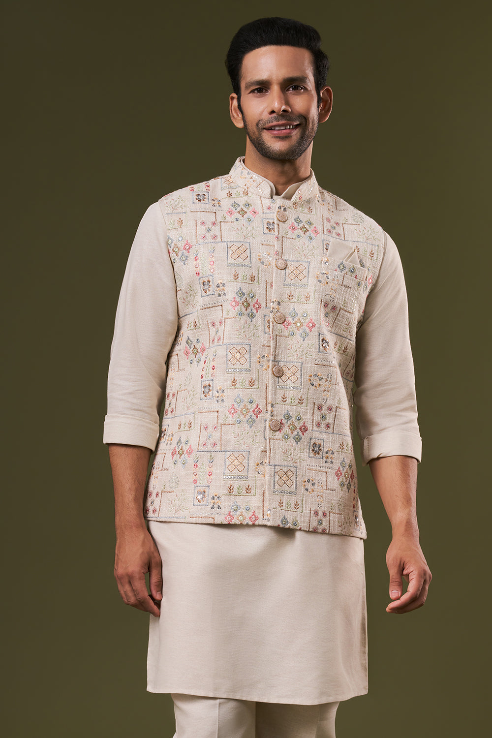 Beige Cotton Mens Kurta Jacket Set with Thread and Sequins Work