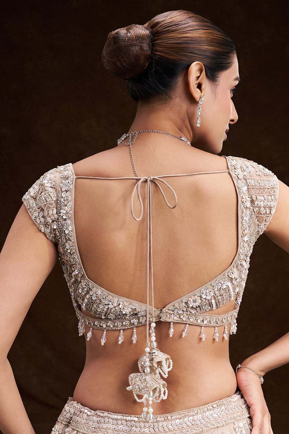 Beige Gold Net Bridal Lehenga with Floral Cutdana and Sequin Work