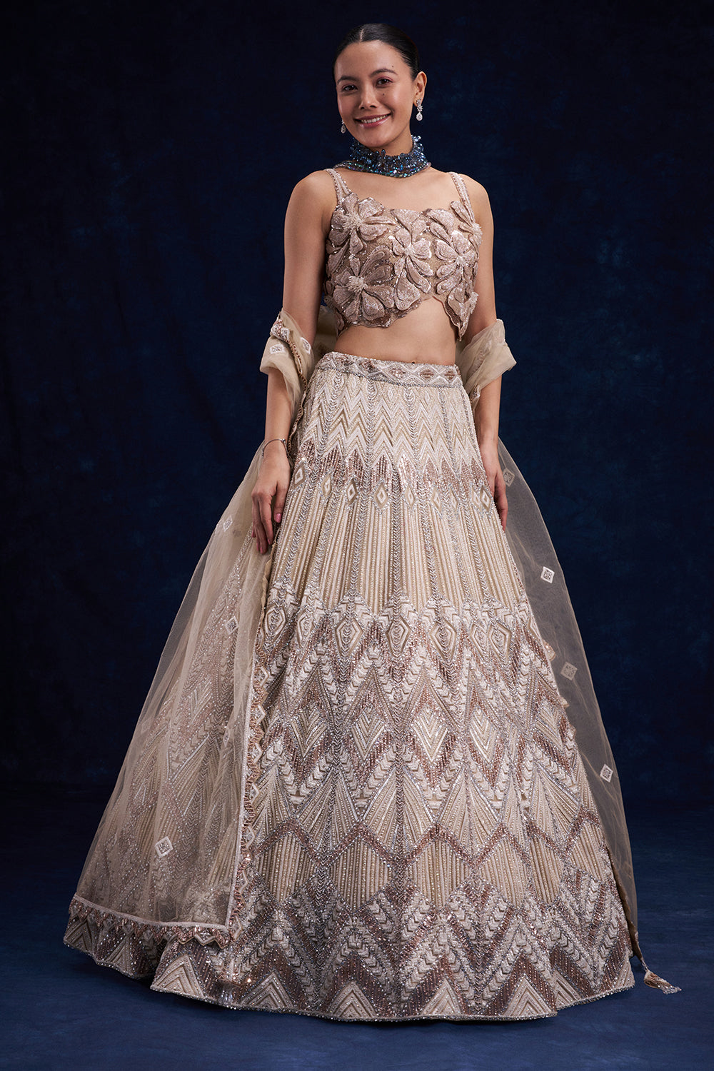 Beige Gold Net Bridesmaid Lehenga with Cutdana, Sequin and Bead Work