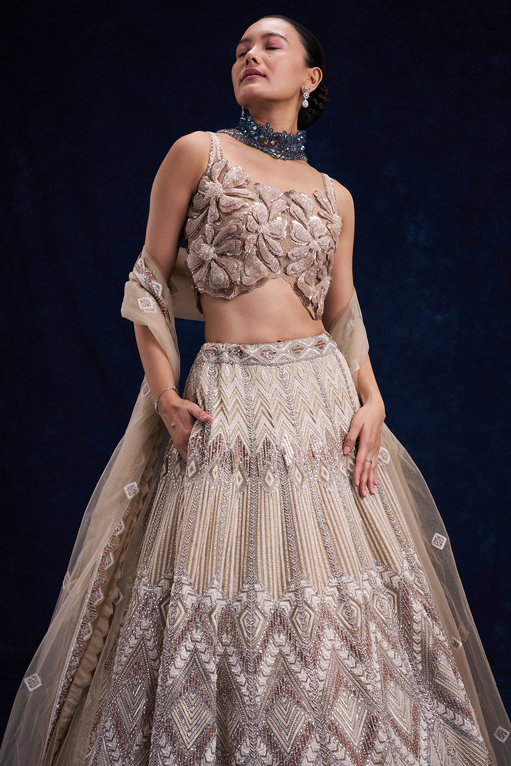 Beige Gold Net Bridesmaid Lehenga with Cutdana, Sequin and Bead Work