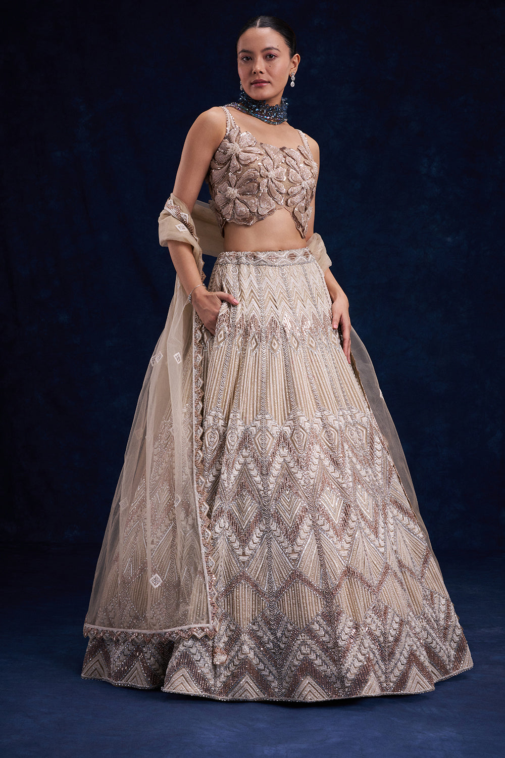Beige Gold Net Bridesmaid Lehenga with Cutdana, Sequin and Bead Work