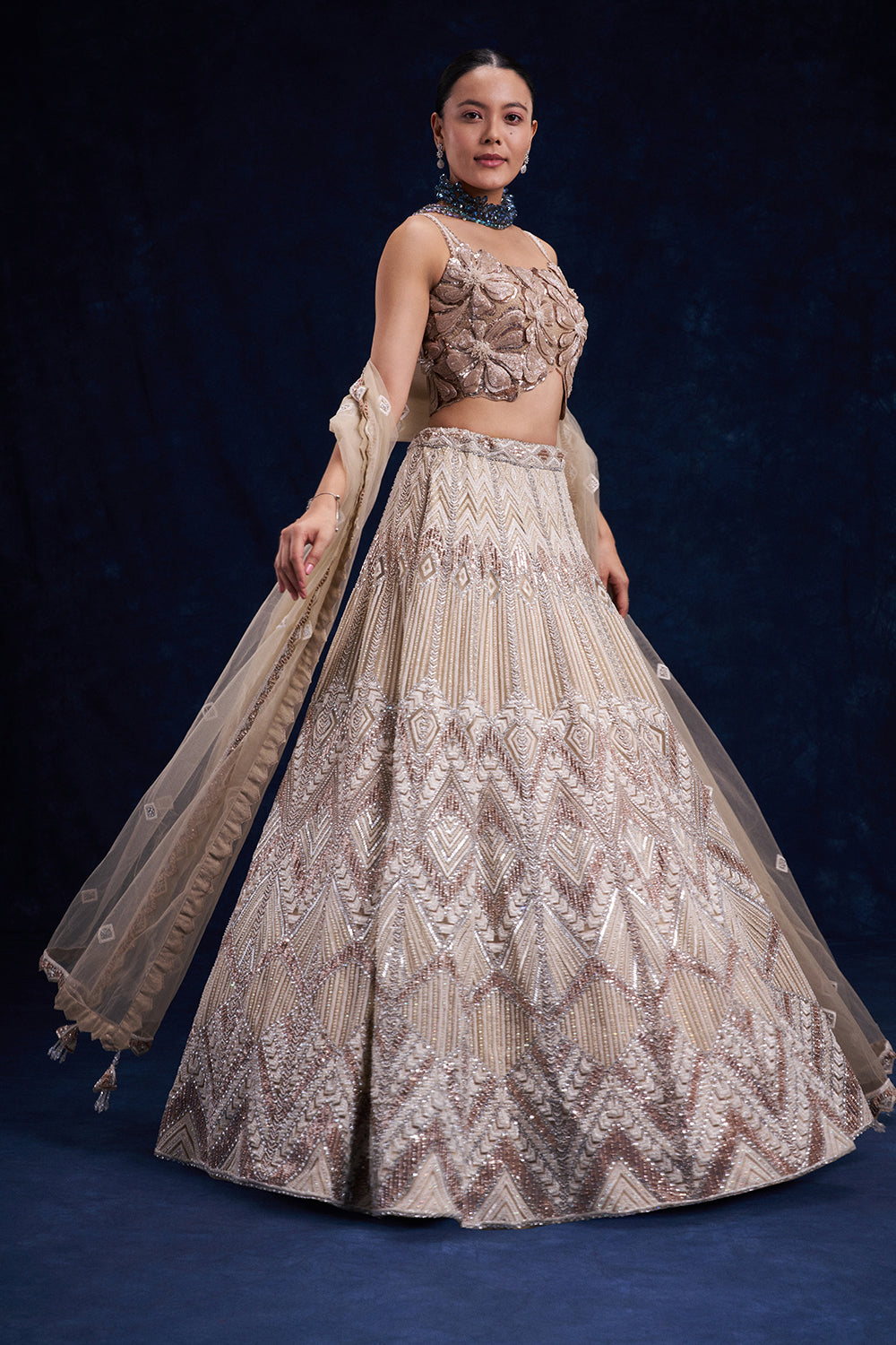 Beige Gold Net Bridesmaid Lehenga with Cutdana, Sequin and Bead Work