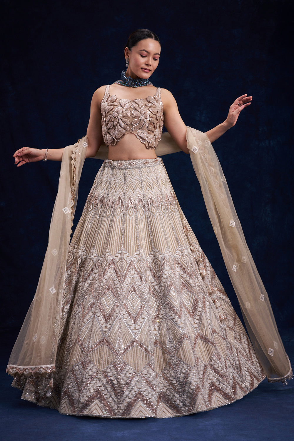 Beige Gold Net Bridesmaid Lehenga with Cutdana, Sequin and Bead Work