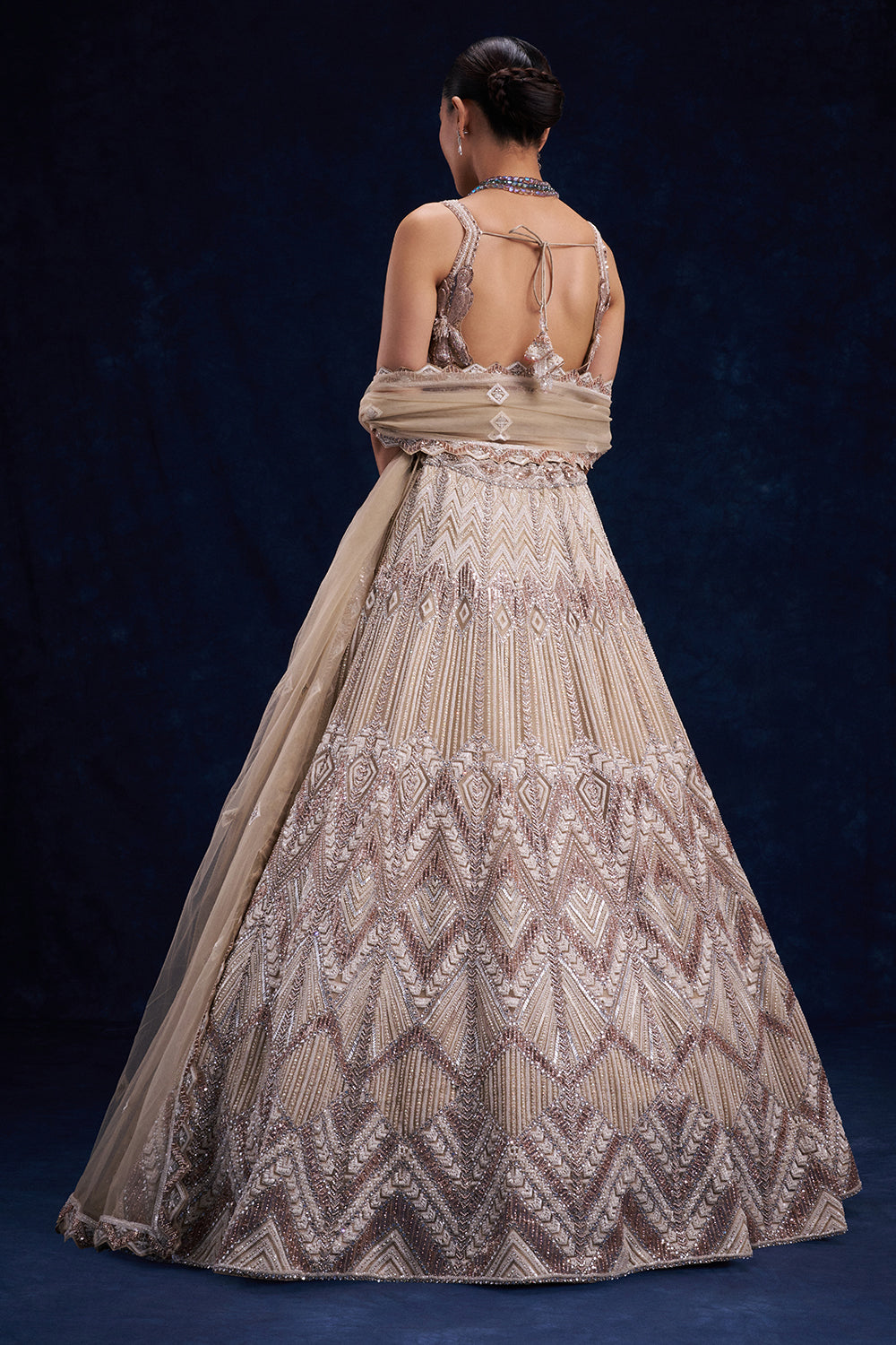 Beige Gold Net Bridesmaid Lehenga with Cutdana, Sequin and Bead Work