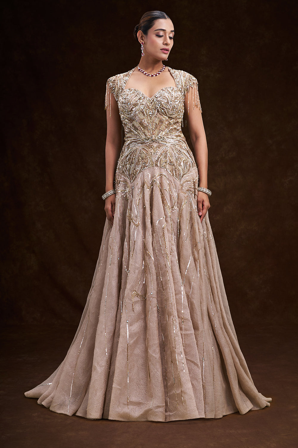 Beige Gold Satin and Net Bridal Gown with Tassel Embellished Geometric Work