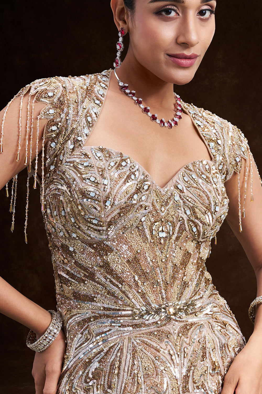 Beige Gold Satin and Net Bridal Gown with Tassel Embellished Geometric Work