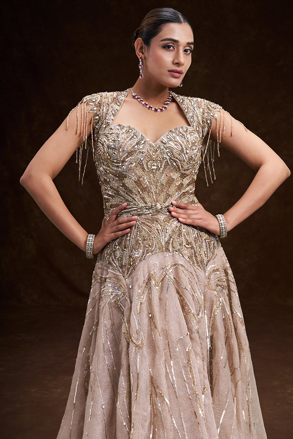 Beige Gold Satin and Net Bridal Gown with Tassel Embellished Geometric Work