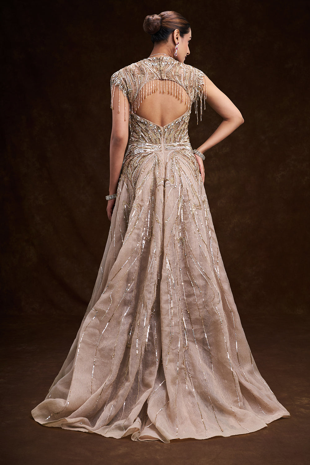 Beige Gold Satin and Net Bridal Gown with Tassel Embellished Geometric Work