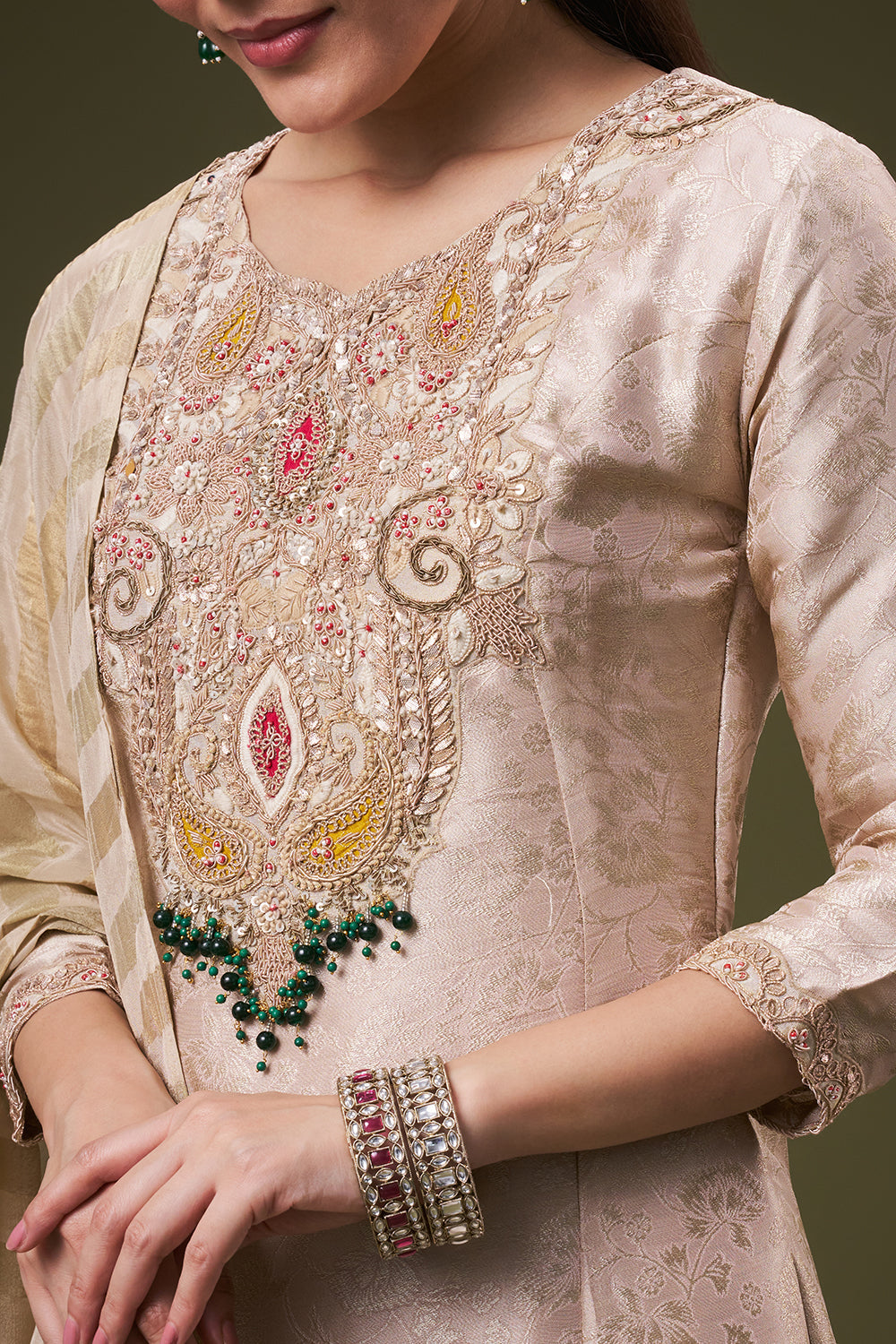 Beige Golden Brocade Palazzo Suit with Zardosi and Gota Work