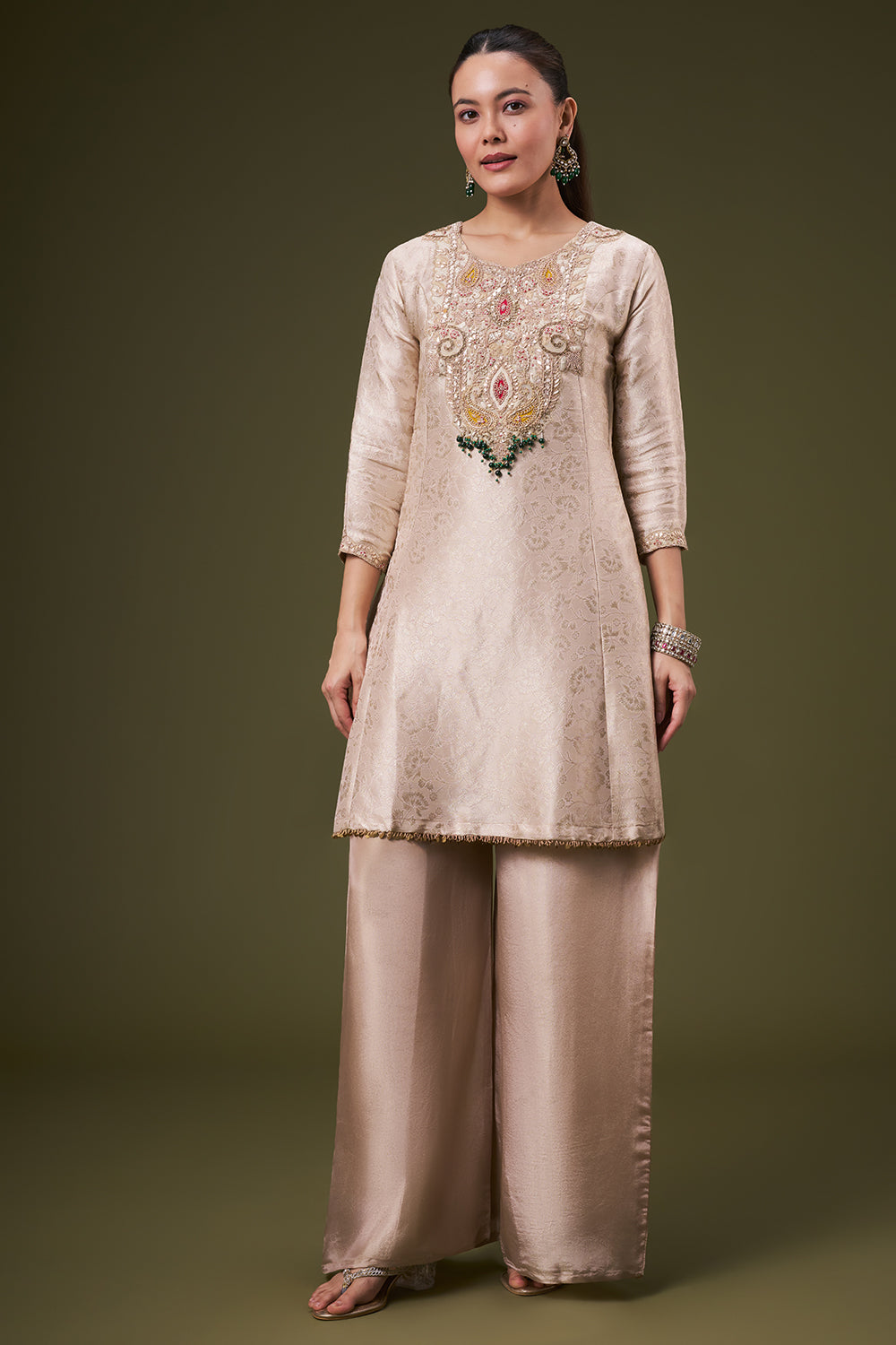 Beige Golden Brocade Palazzo Suit with Zardosi and Gota Work