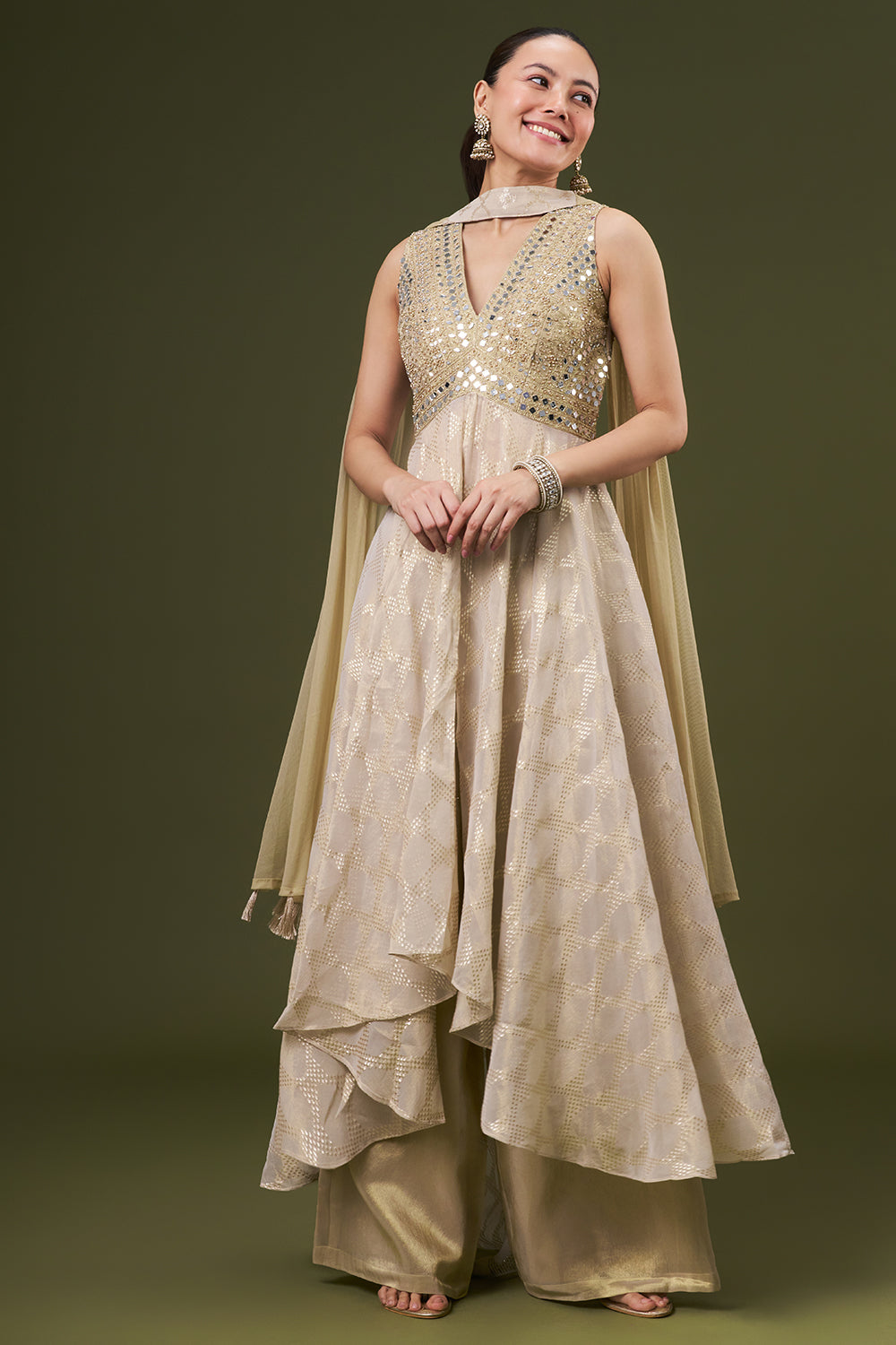 Beige Golden Tissue Palazzo Suit with Thread and Pearl Work