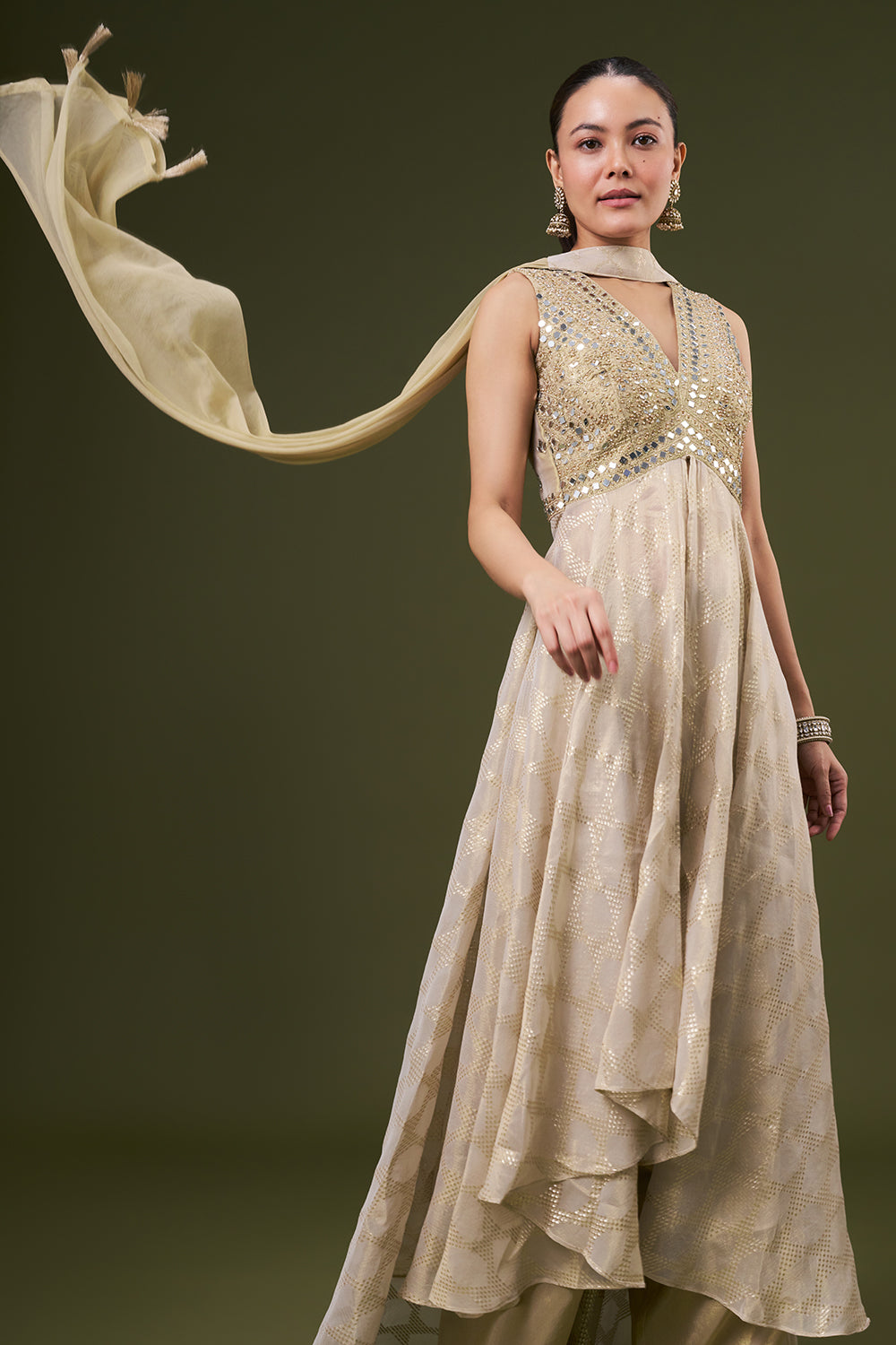 Beige Golden Tissue Palazzo Suit with Thread and Pearl Work