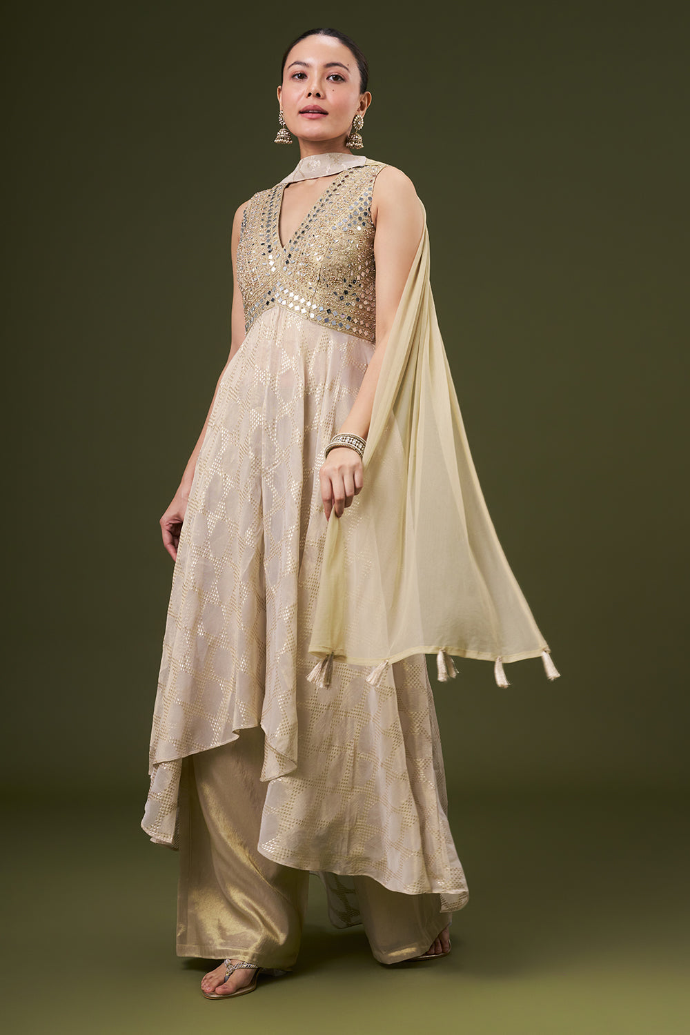 Beige Golden Tissue Palazzo Suit with Thread and Pearl Work