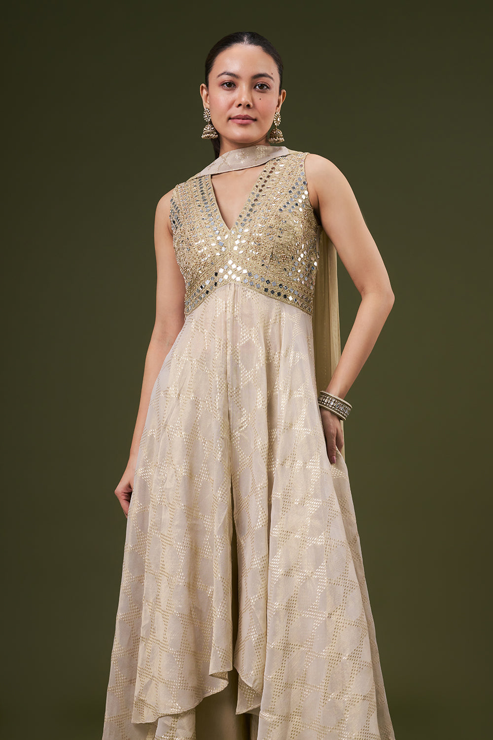 Beige Golden Tissue Palazzo Suit with Thread and Pearl Work