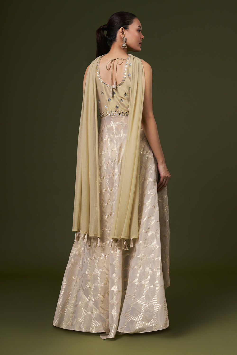 Beige Golden Tissue Palazzo Suit with Thread and Pearl Work