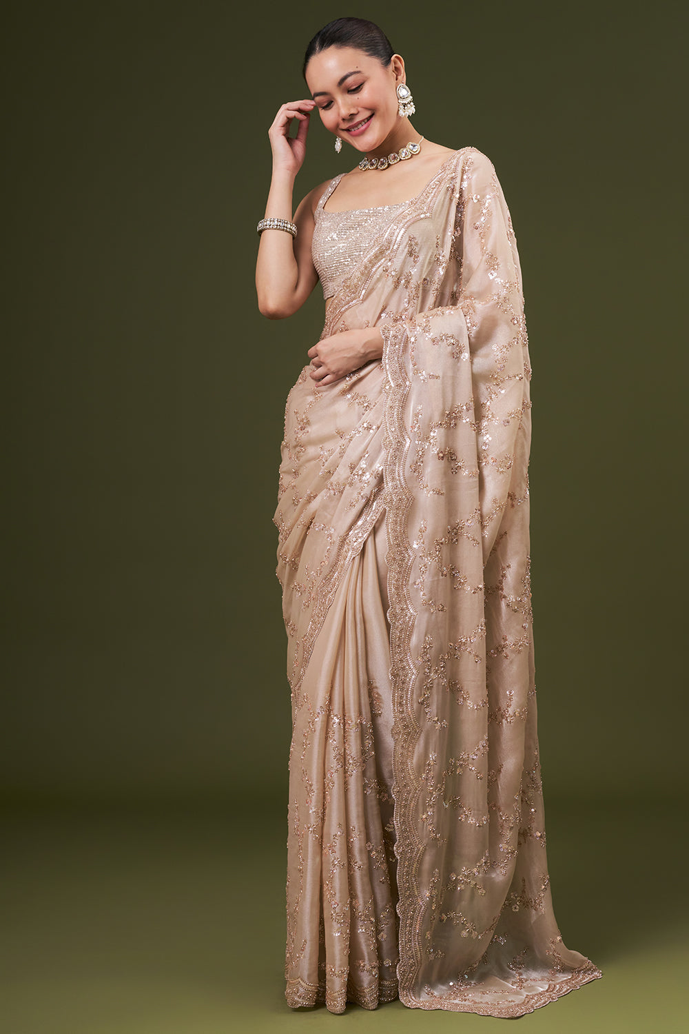 Beige Golden Organza Embroidered Saree with Sequin and Cutdana Work