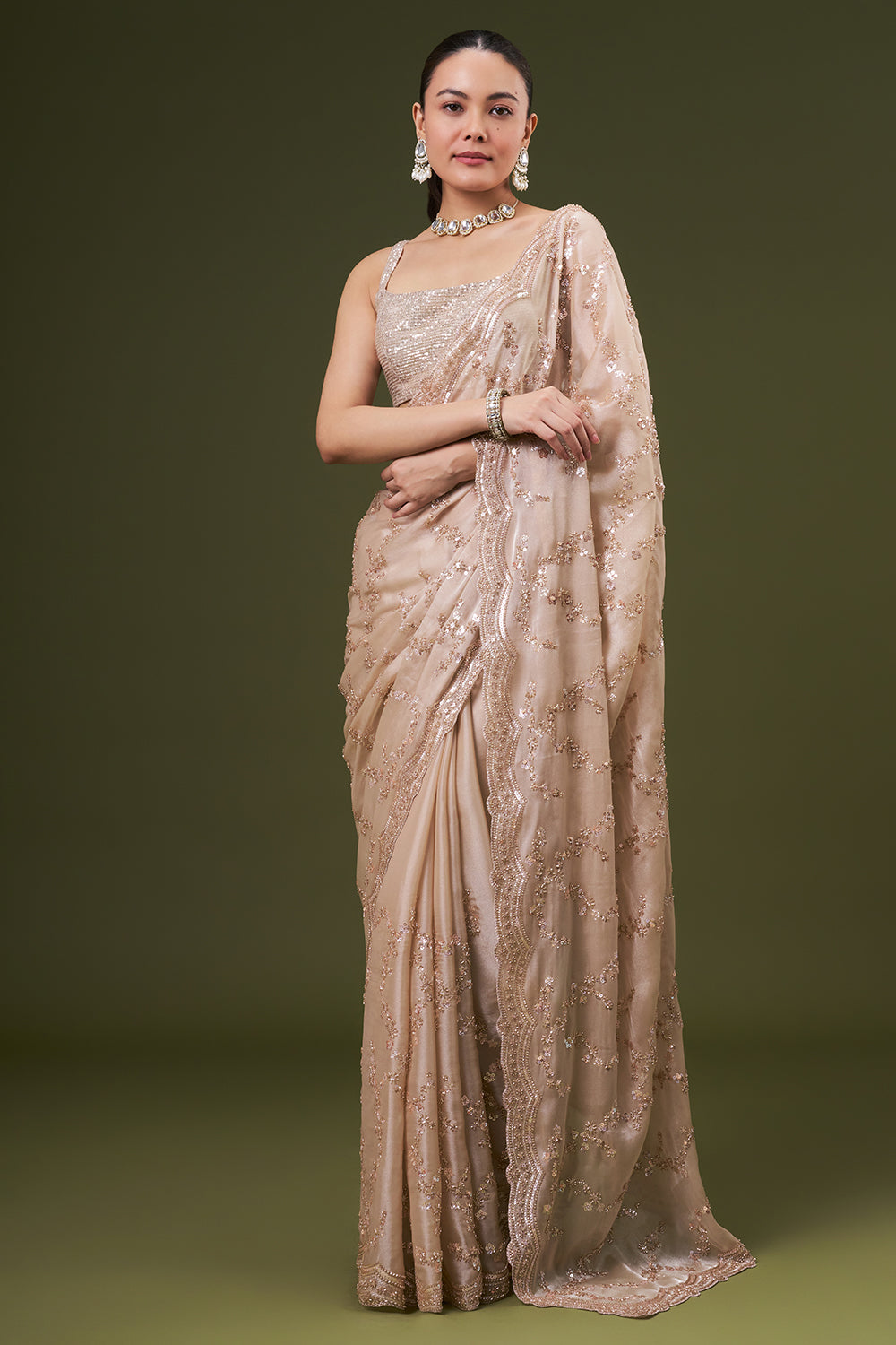 Beige Golden Organza Embroidered Saree with Sequin and Cutdana Work