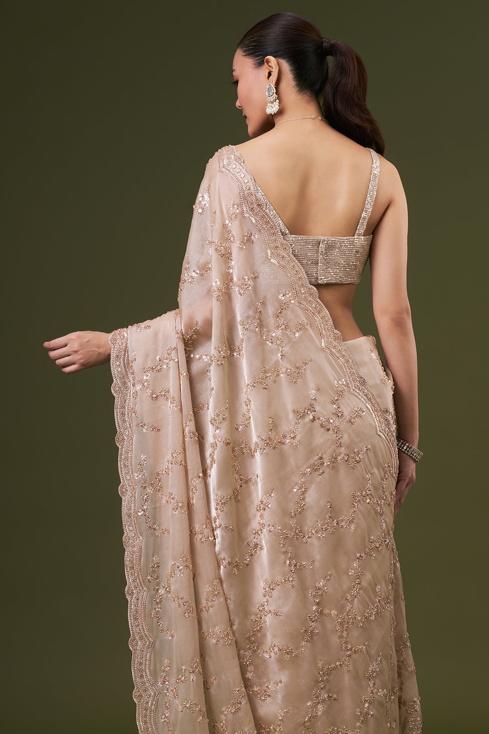 Beige Golden Organza Embroidered Saree with Sequin and Cutdana Work