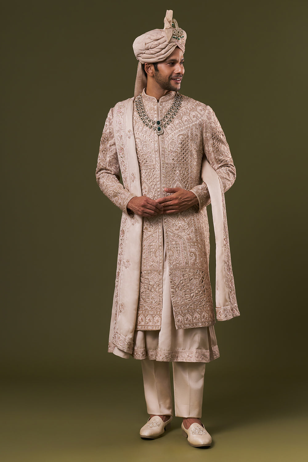 Beige Groomsman Sherwani with Cutdana and Sequins Work