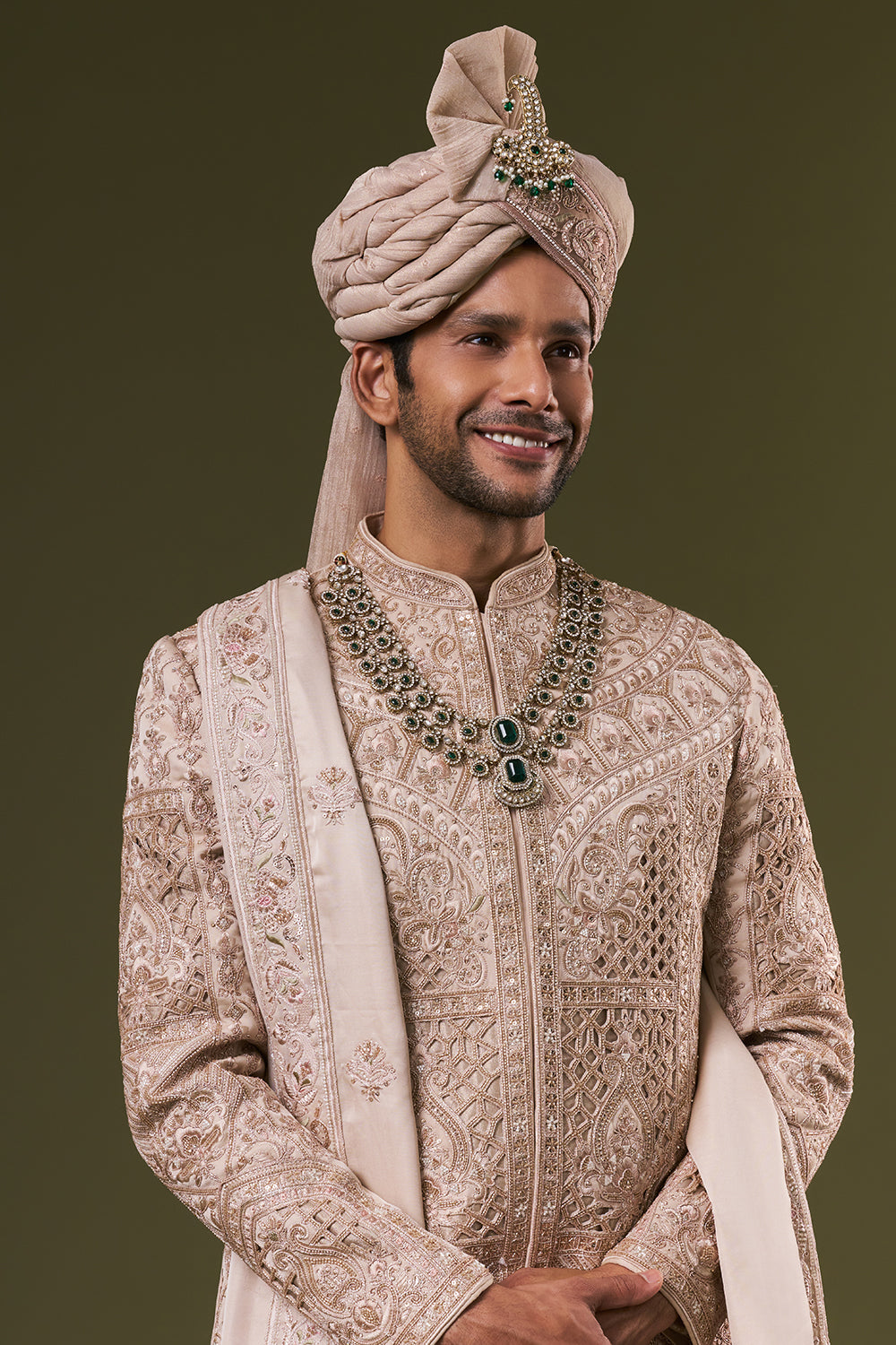 Beige Groomsman Sherwani with Cutdana and Sequins Work
