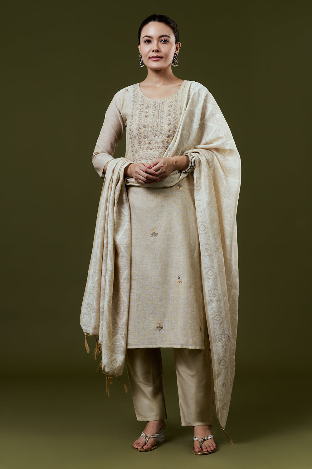 Beige Khadi Silk Suit Set with Resham and French Knots Embroidery
