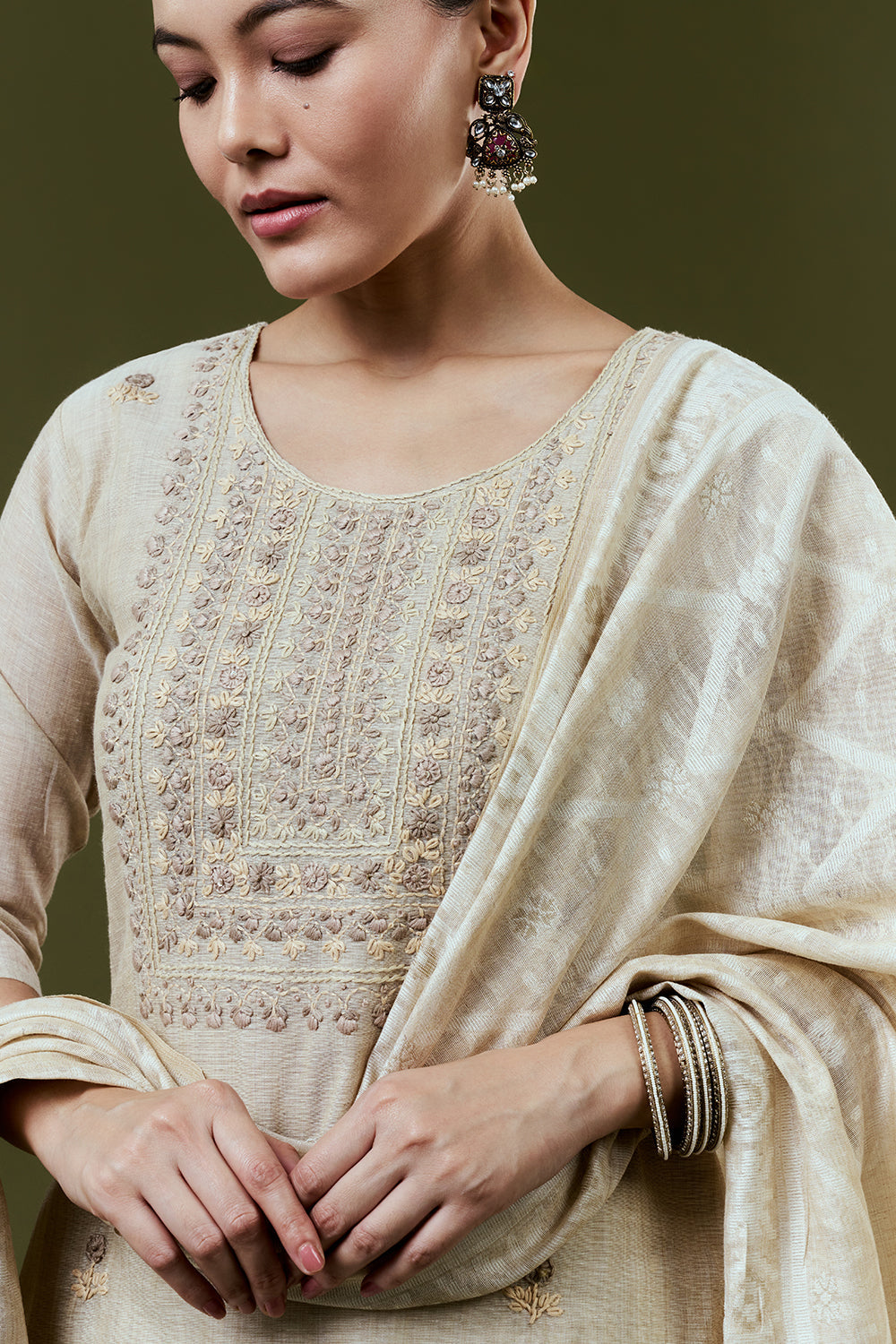 Beige Khadi Silk Suit Set with Resham and French Knots Embroidery