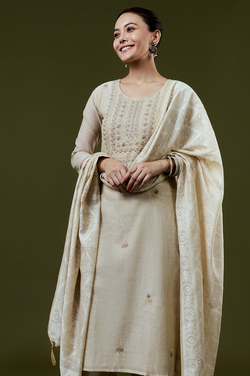 Beige Khadi Silk Suit Set with Resham and French Knots Embroidery