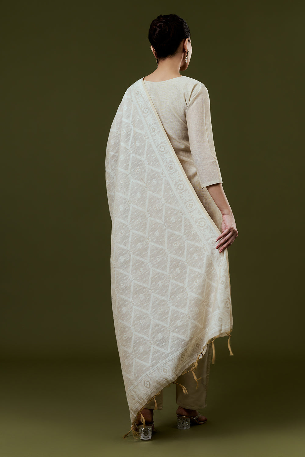 Beige Khadi Silk Suit Set with Resham and French Knots Embroidery
