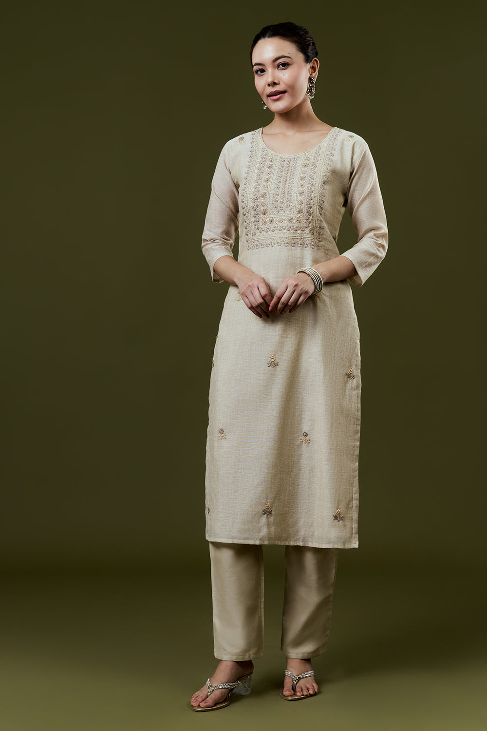 Beige Khadi Silk Suit Set with Resham and French Knots Embroidery