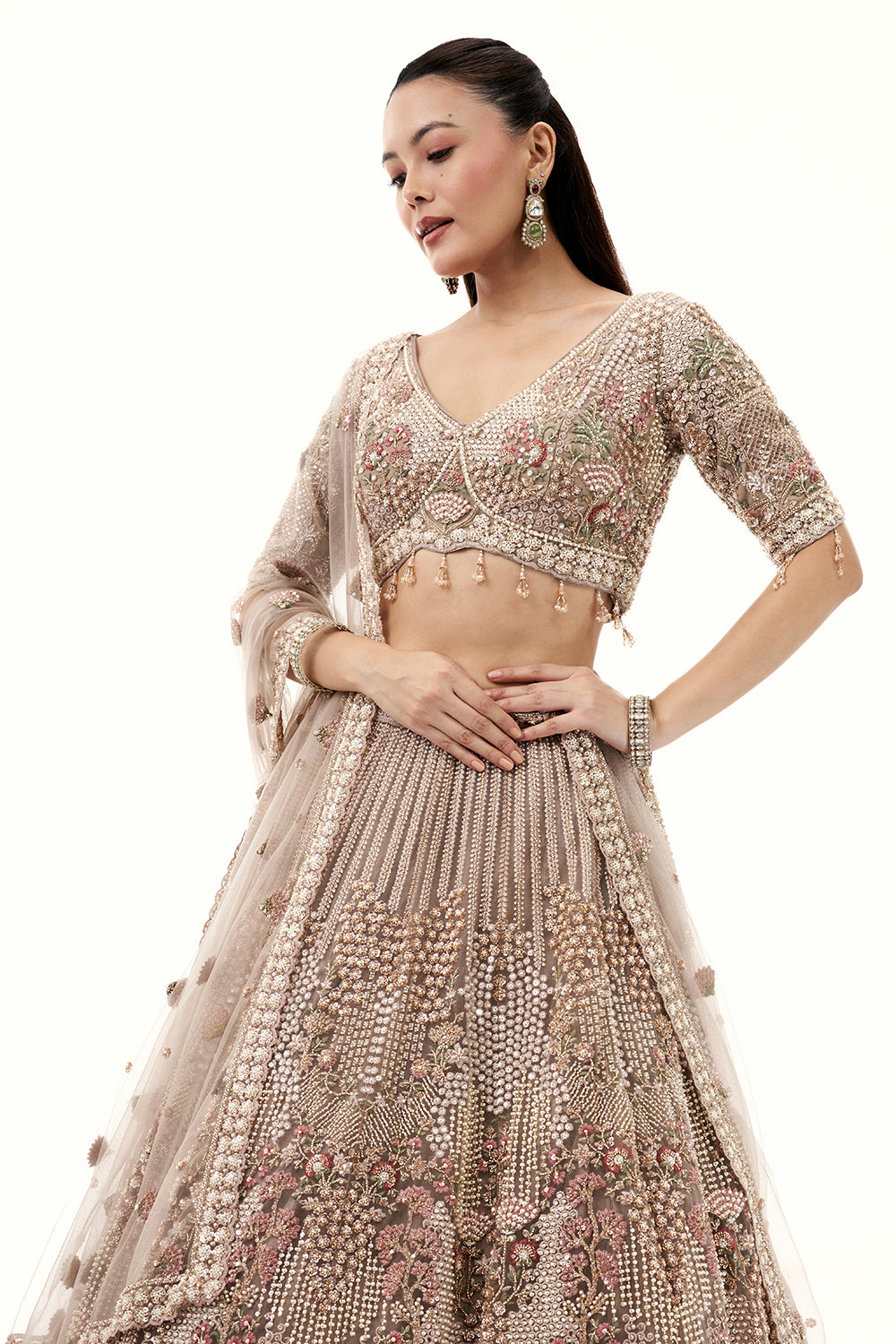 Beige Lehenga with Pearls and Cutdana Embroidery