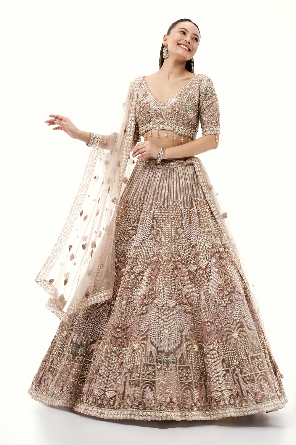 Beige Lehenga with Pearls and Cutdana Embroidery