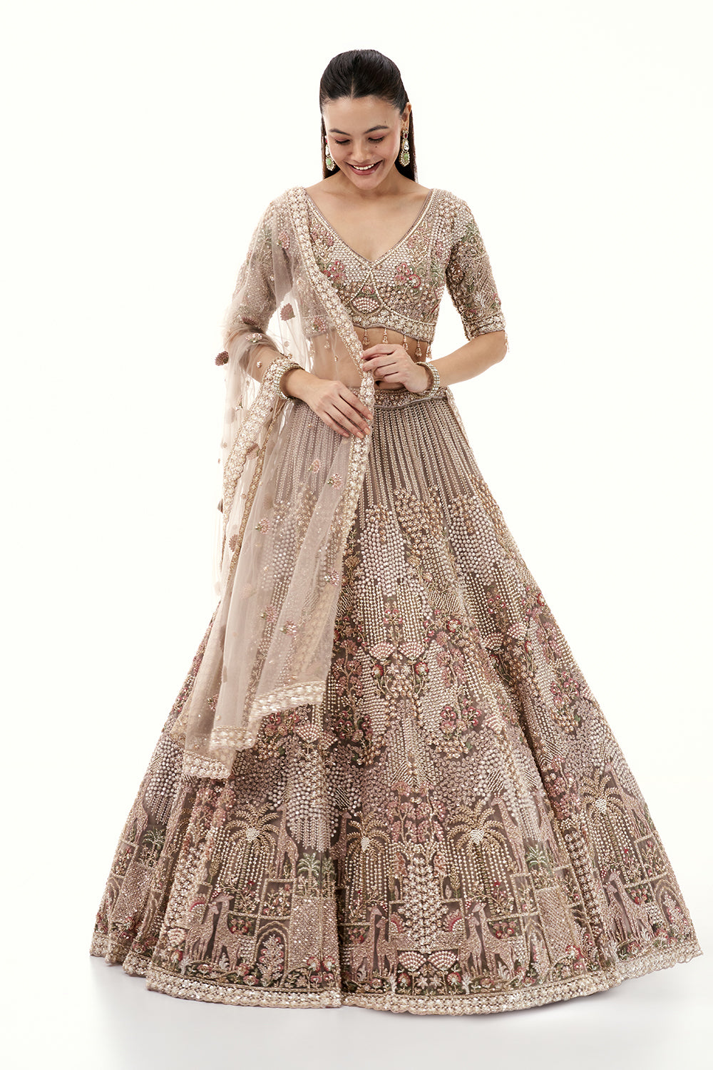 Beige Lehenga with Pearls and Cutdana Embroidery
